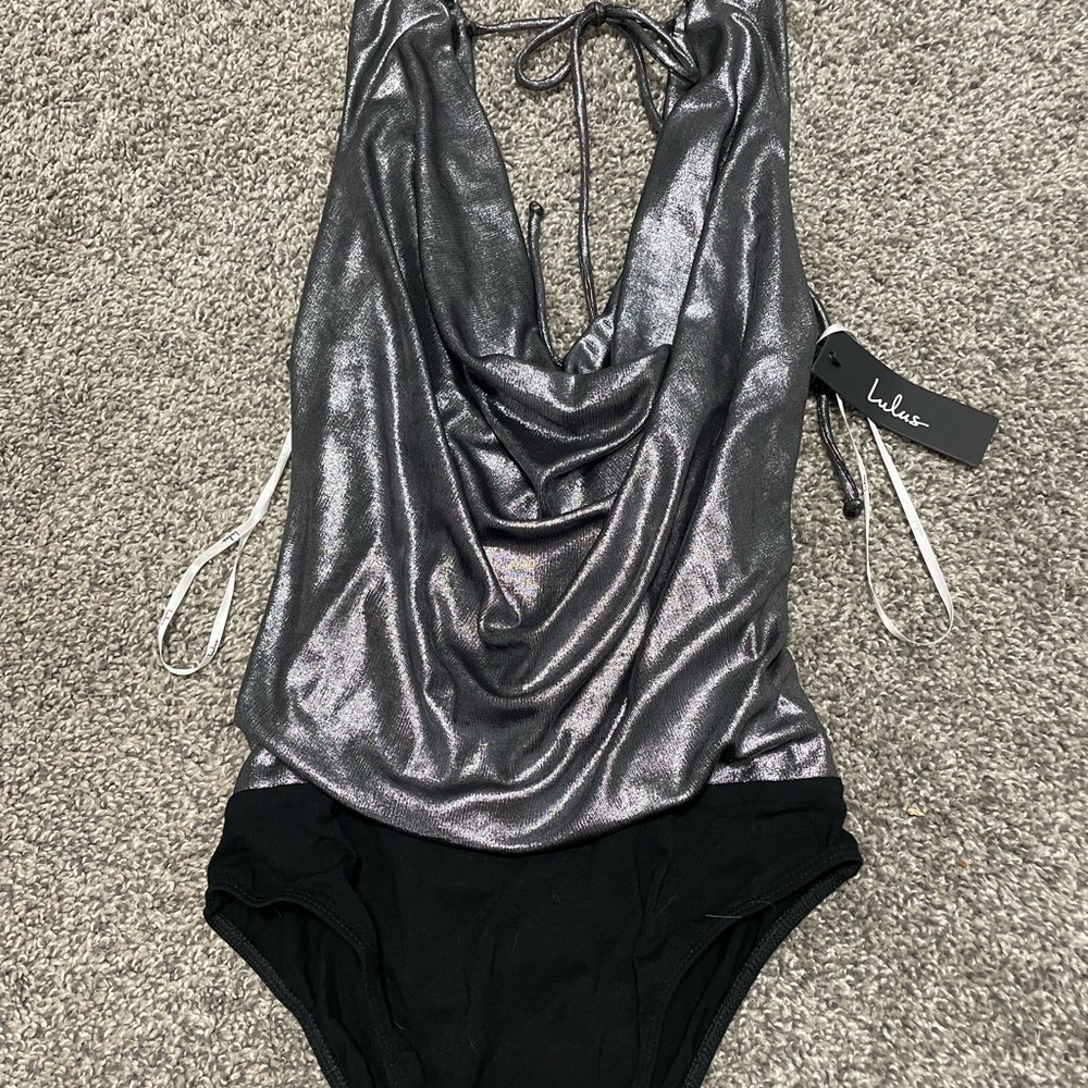 Lulus Metallic Silver and Black Bodysuit
